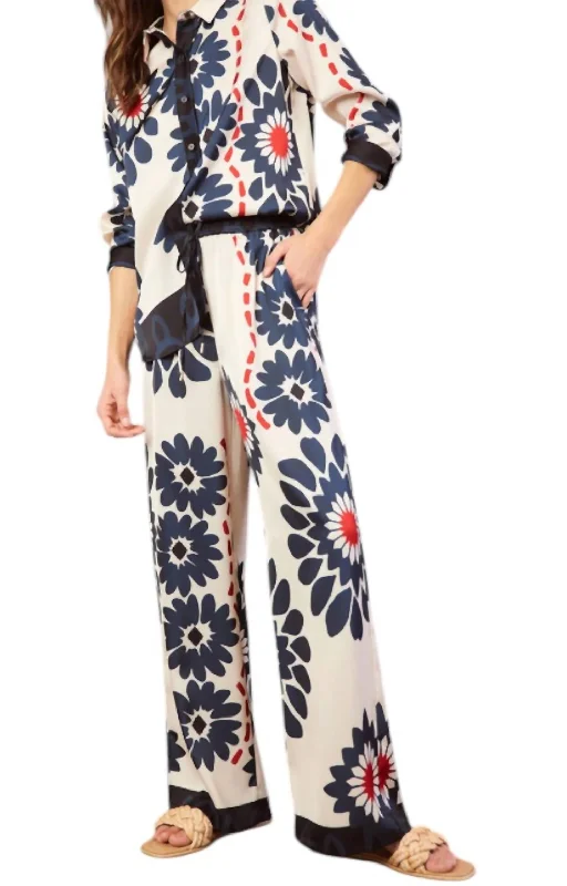 Floral Print Elastic Waist Pant In Ivory Navy